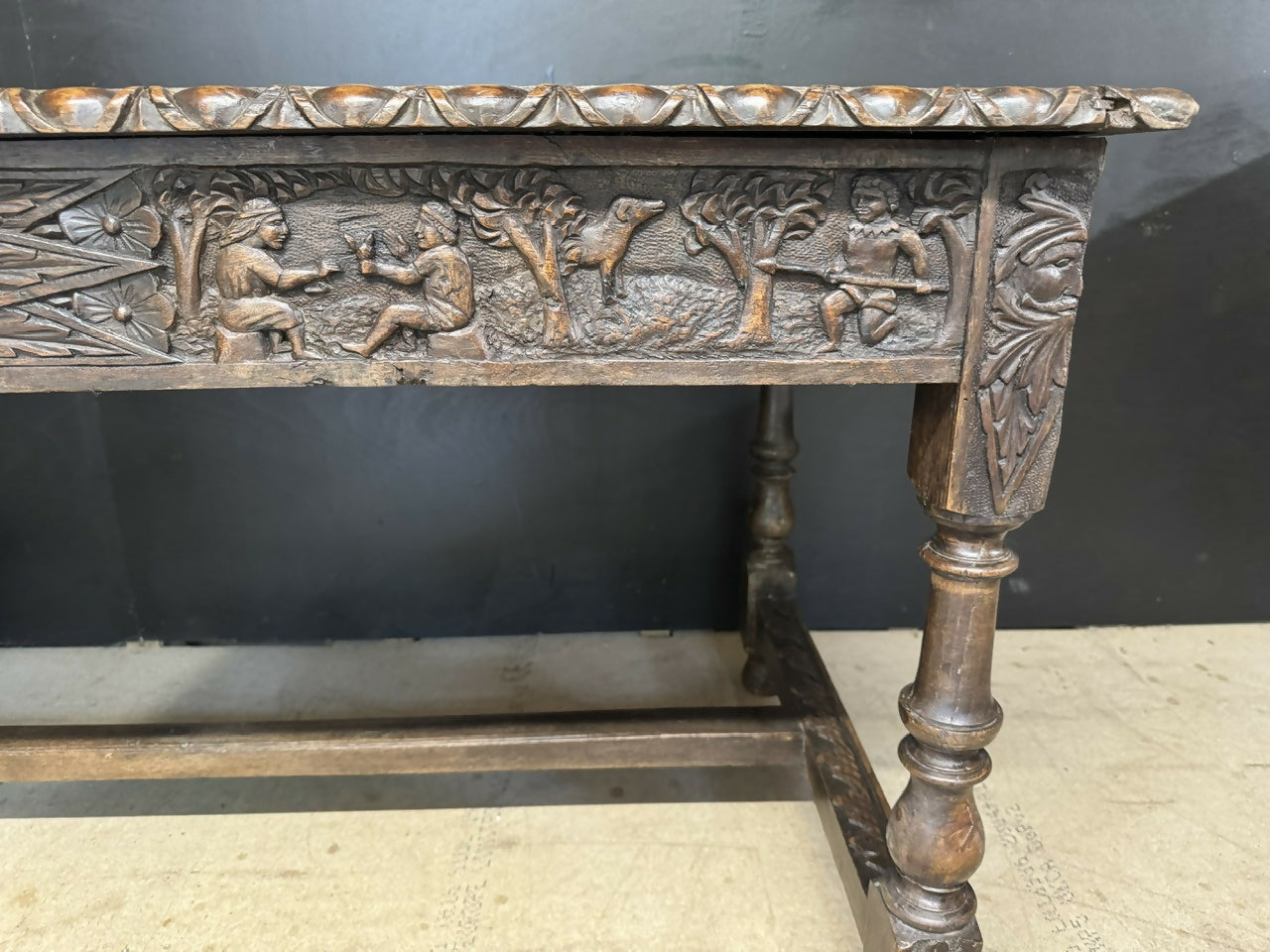19th Century Carved Oak Table having drawers