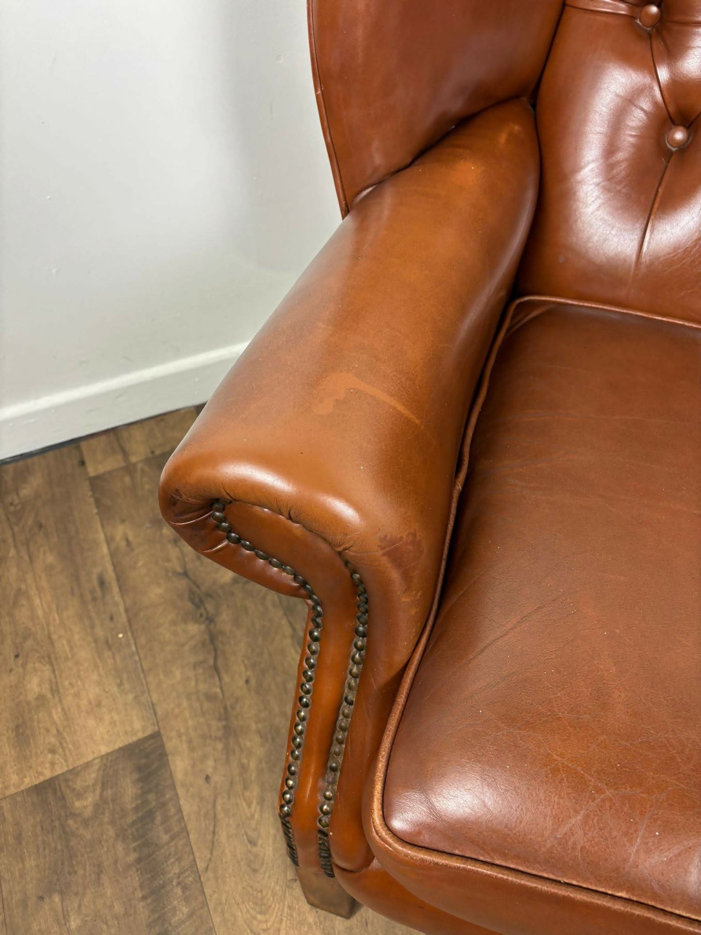 Tan Leather Chesterfield Style Wingback Armchair