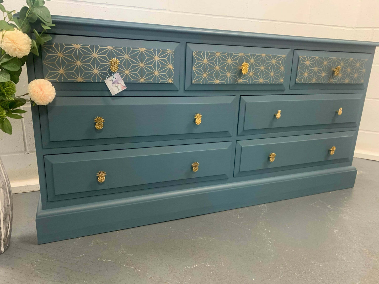 Large Chest Of Drawers Painted Bespoke Stencilled Upcycled Blue Gold Geometric
