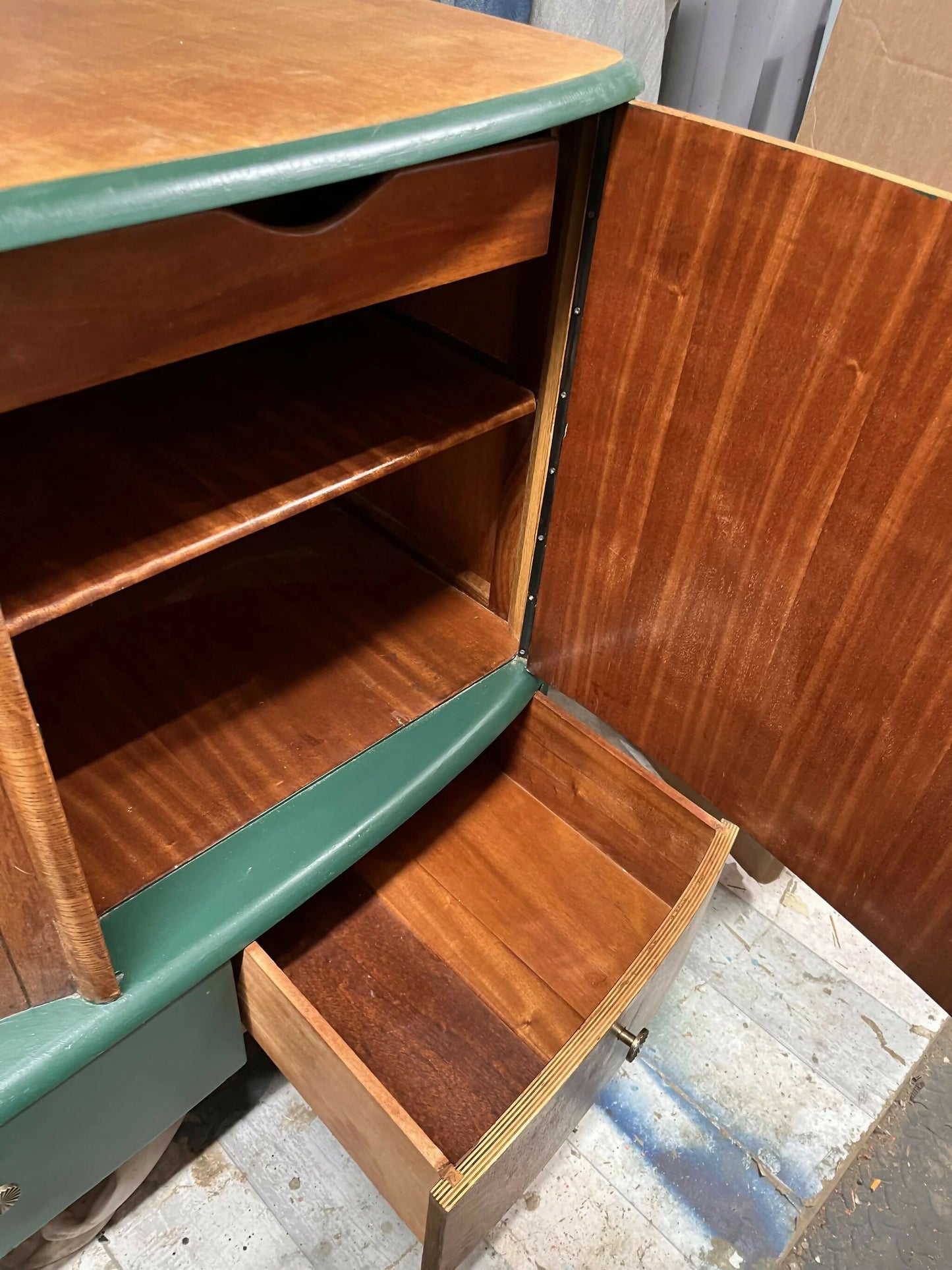 Mid century modern revived sideboard in forest green and oak