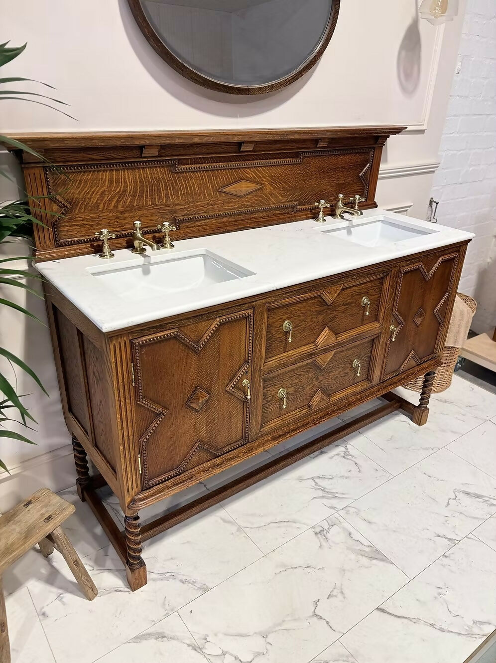 Vintage Wooden Oak Double Vanity Unit