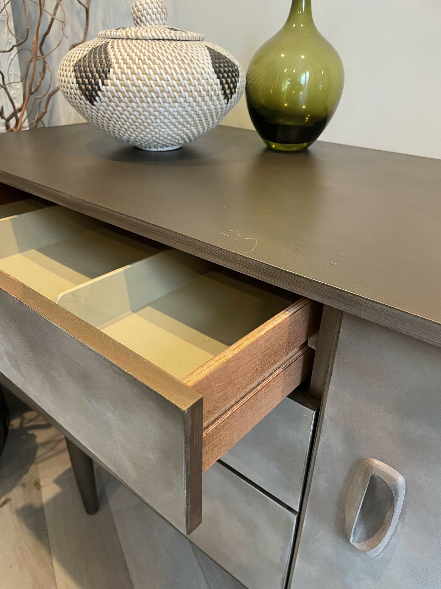 Mid Century Hand Painted Cabinet, Bronze Earthy Tones