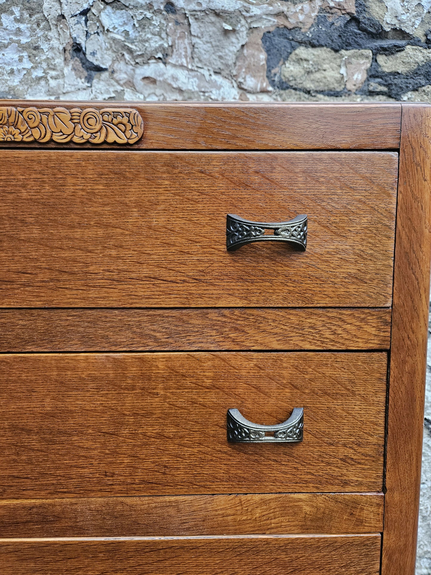 Vintage Oak Tallboy Chest of Drawers: Antique Cabinet with Detailing Five Drawer