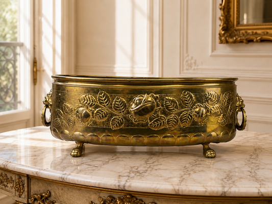 Decorative Pot Vintage Brass Floral Lion Handles Footed Planter LOT 6441a