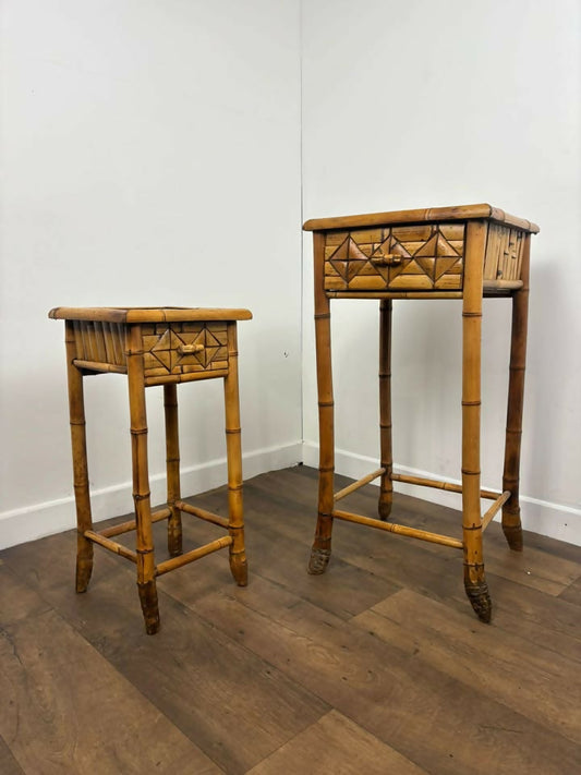 Pair of Vintage French Bamboo Side Tables with Hand-Painted Rose Detail