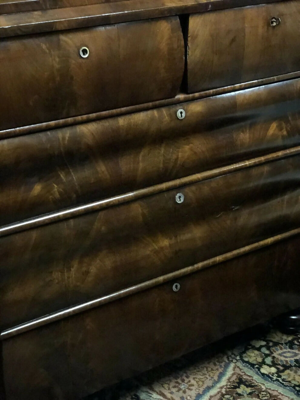 Vintage Mahogany Biedermeier Tall Chest Of Drawers, Flame Veneers. Circa 1860