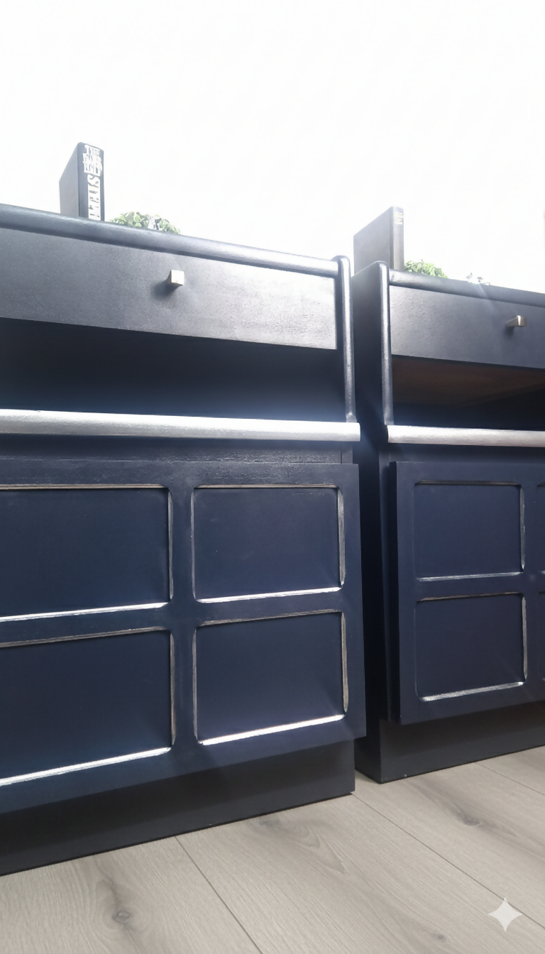 Nathan teak navy bedside tables
