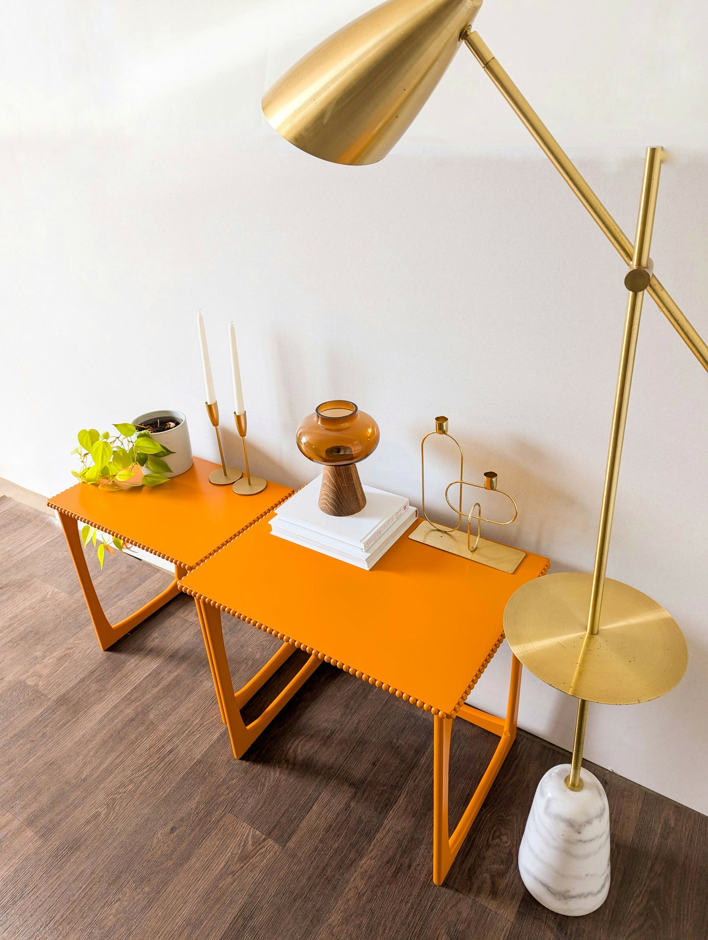 Pair of Bright Orange Side Tables/End Tables with Bobbin Details