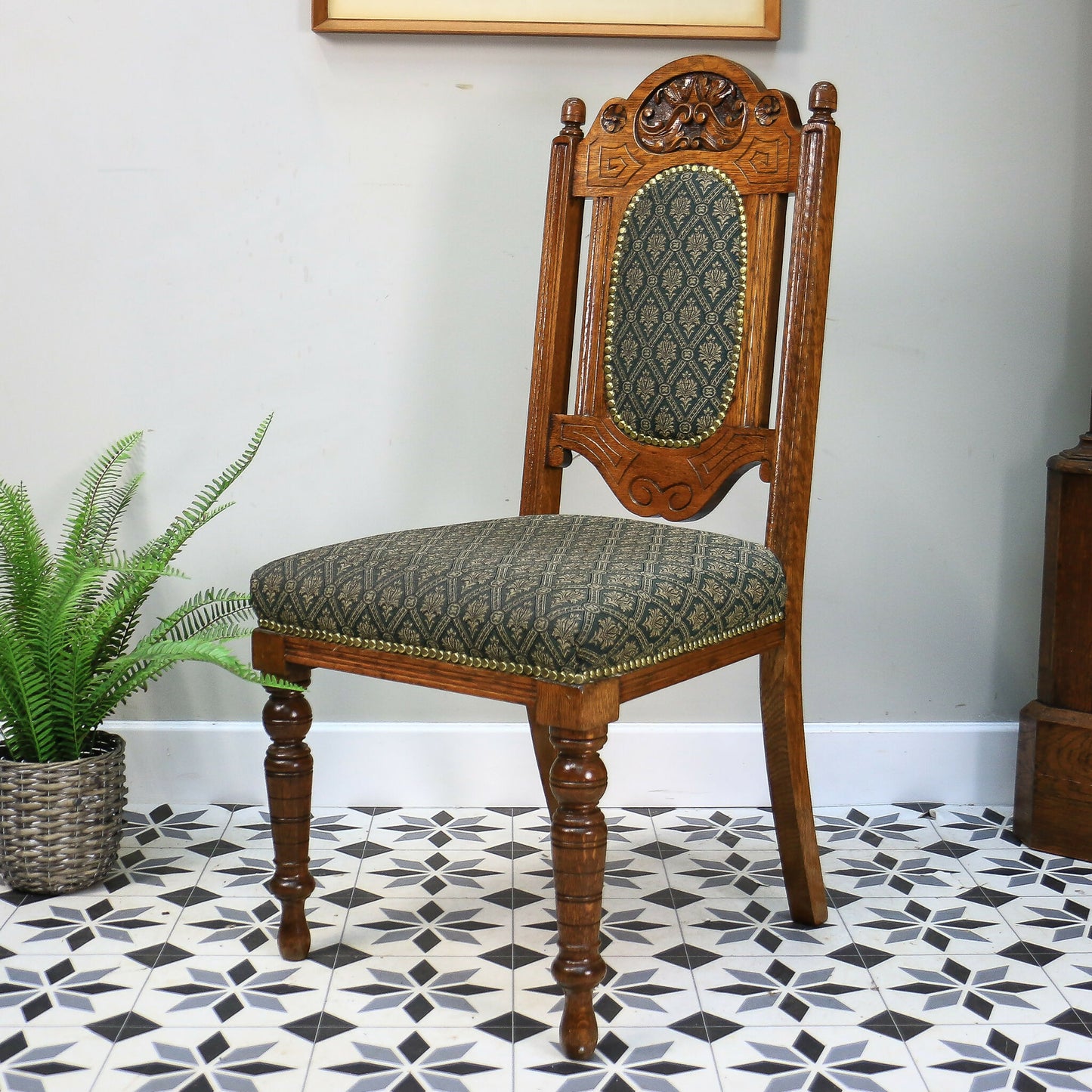 Victorian Side or Hall Chair Carved Back in Solid Oak with Green and Gold Fabric