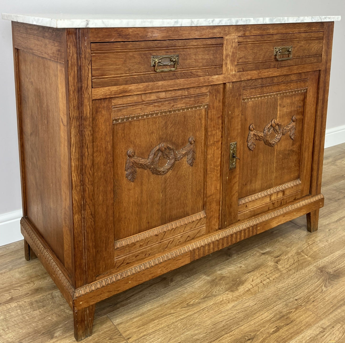 Cabinet Antique French Style Marble Top Oak Sideboard Carved Cupboard LOT 6284