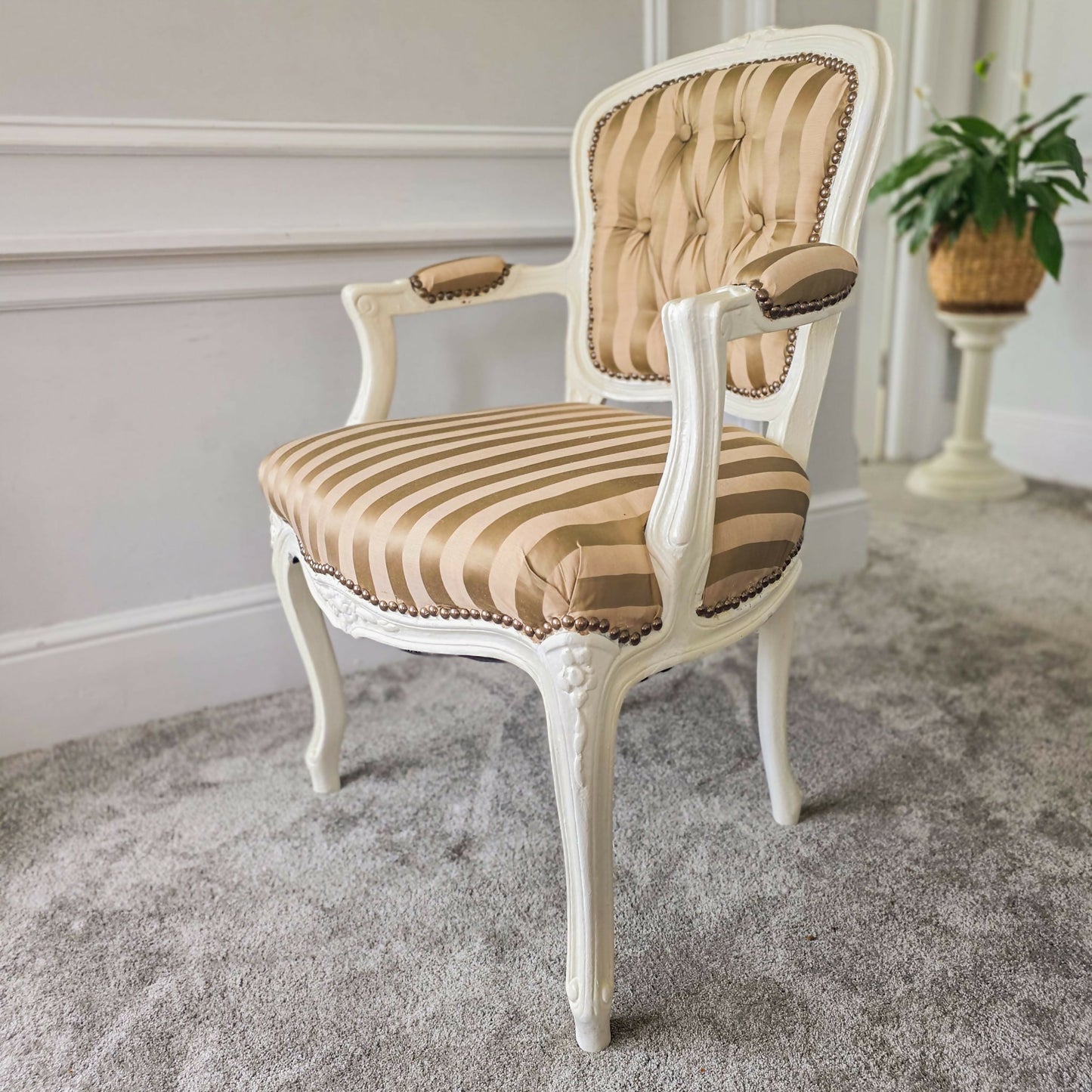 Louis XVl Newly Upholstered Accent Chair Silk Stripe Fabric, White Painted Frame