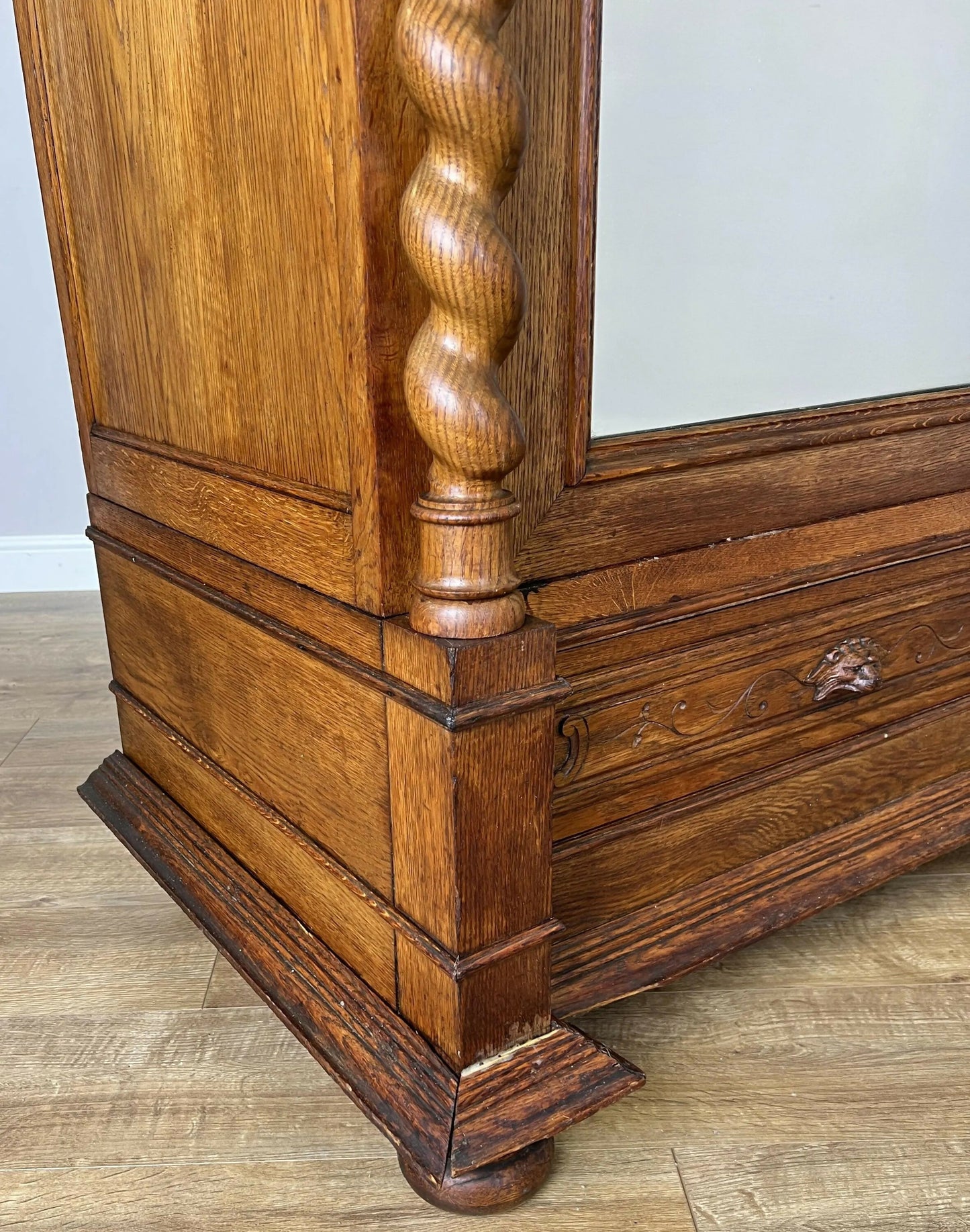 Vintage Wardrobe French Oak Two Door Mirrored Carved Armoire Cabinet LOT 6124