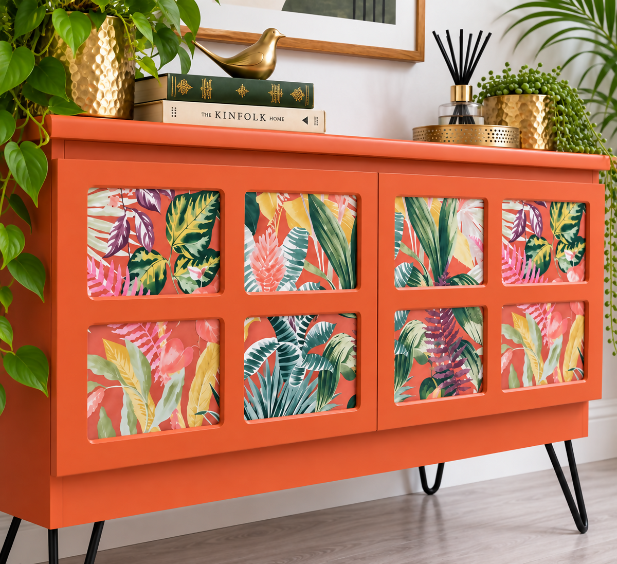 Tropical Coral Sideboard | Mid-Century Modern Cocktail Cabinet | Botanical Statement Furniture