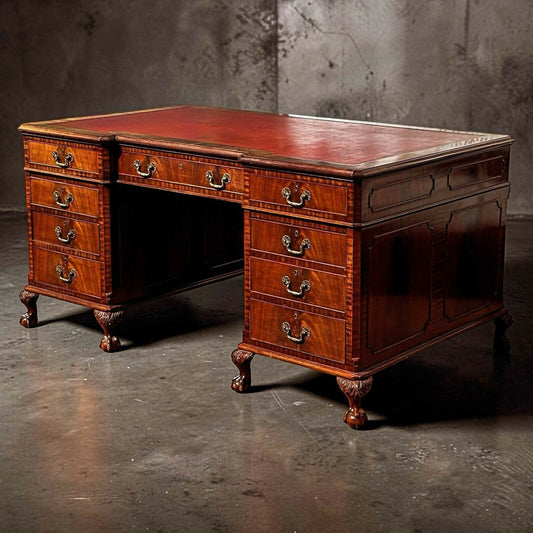 Large Vintage Mahogany Twin Pedestal Desk, Splits Into 3 Pieces For Easy Transportation