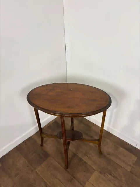 Edwardian Oval Mahogany Inlaid Occasional Table with Inlaid Stretcher Base