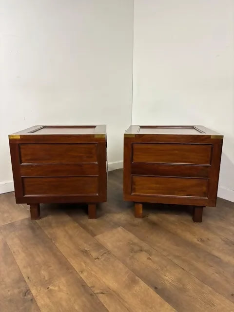 Pair of Campaign Style Hardwood Bedside Chests