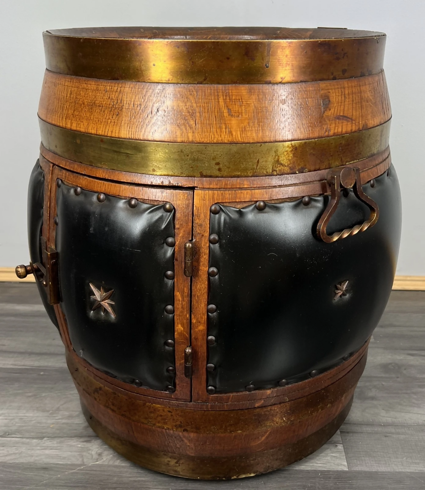 Drink Cabinet Vintage French Style Oak Brass Trim Barrel Carved Storage LOT 3900