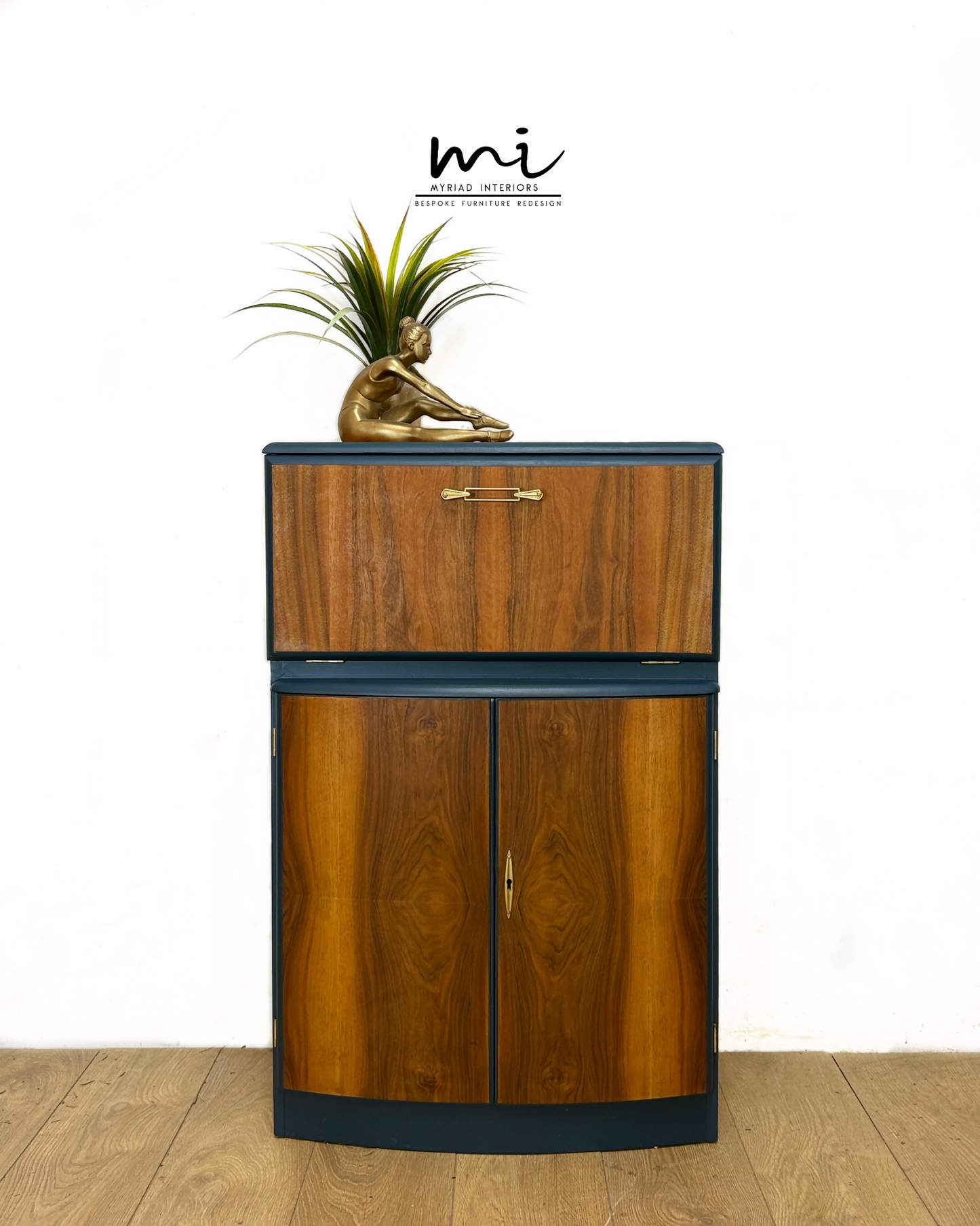 SOLD commissions available Navy Blue and Gold Art Deco Walnut Drinks Cabinet, cocktail cabinet, bar, sideboard, refurbished