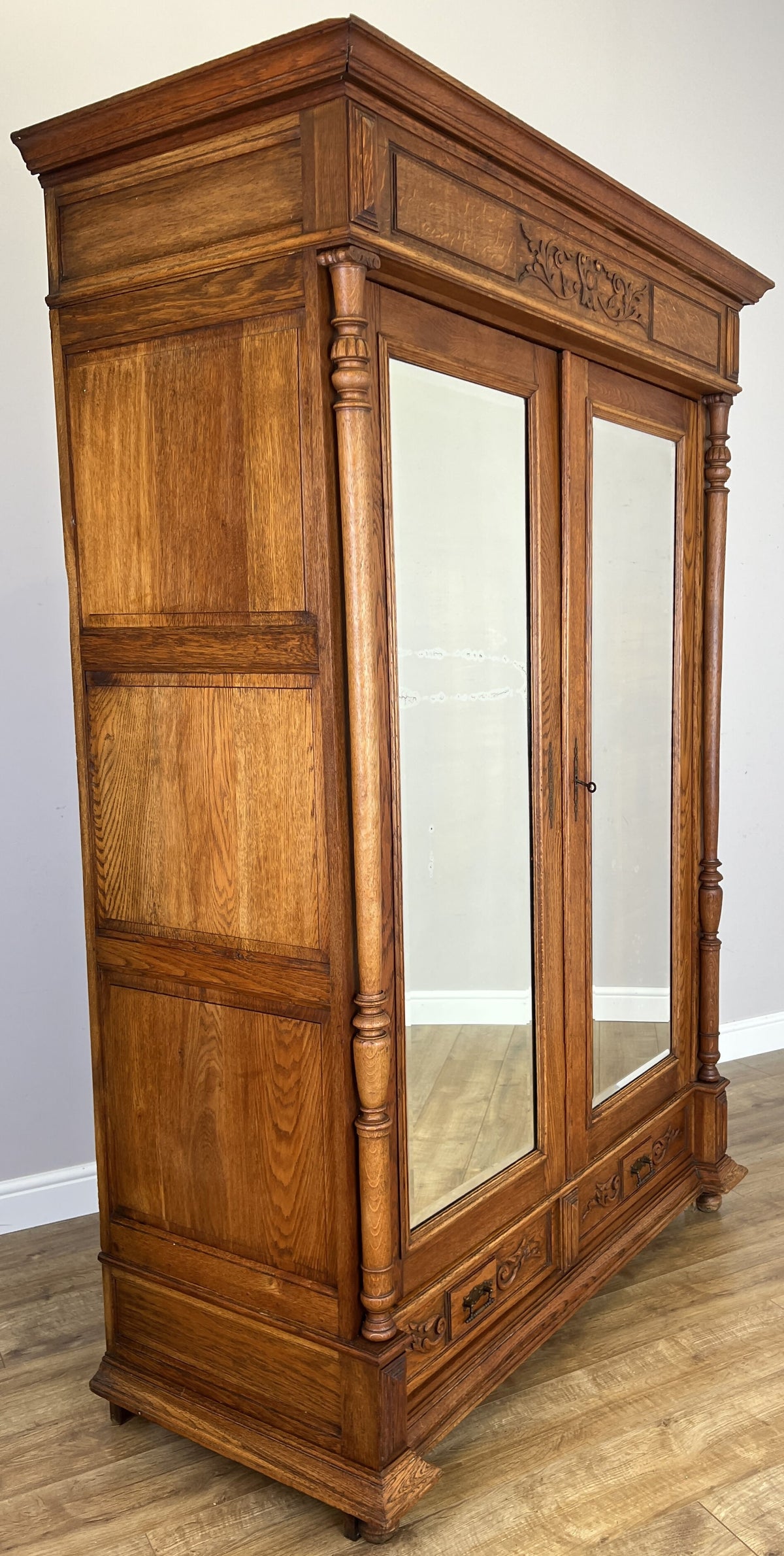 Wardrobe Antique French Style Oak Mirrored Two Door Carved Armoire LOT 6544