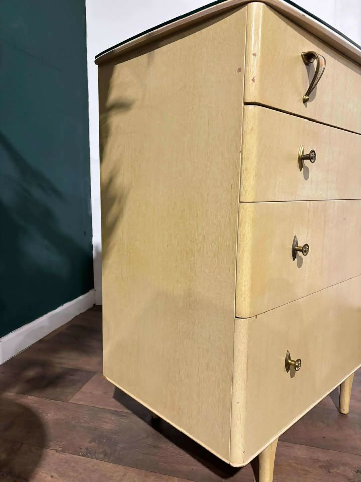 Vintage Chest of Four Drawers with Glass Top circa 1950.et