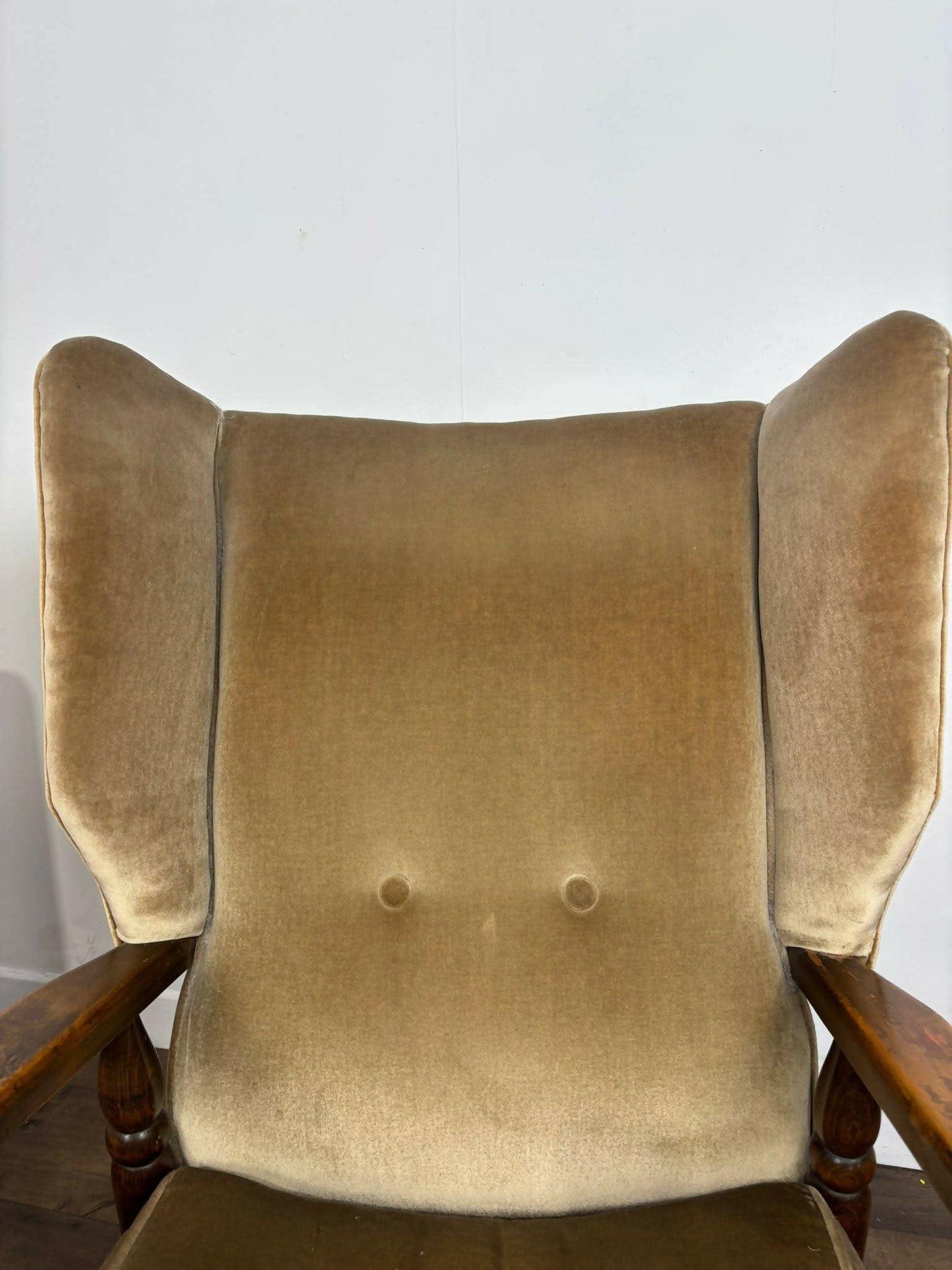 Vintage Pair Of Oak Framed Wing Back Armchairs