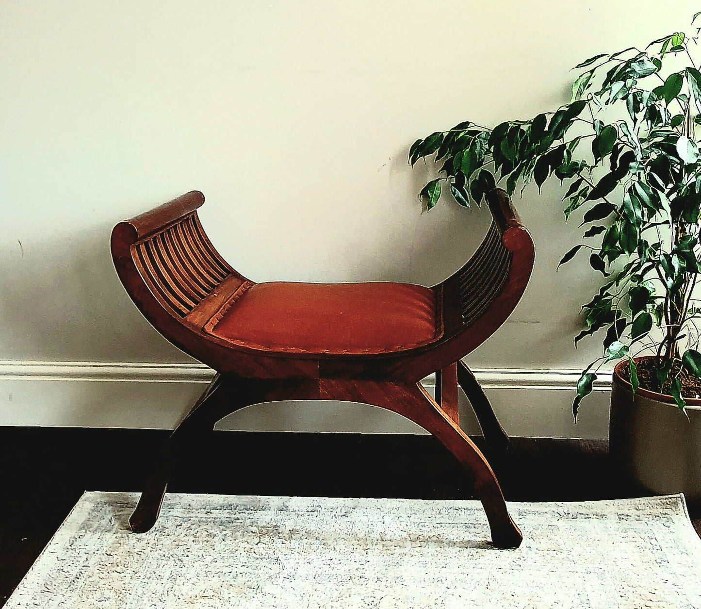 Vintage Carule Stool/Seat Indonesian Teak, Leather Padded Seat Cushion A Beauty!