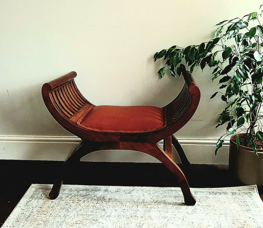 Vintage Carule Stool/Seat Indonesian Teak, Leather Padded Seat Cushion A Beauty!
