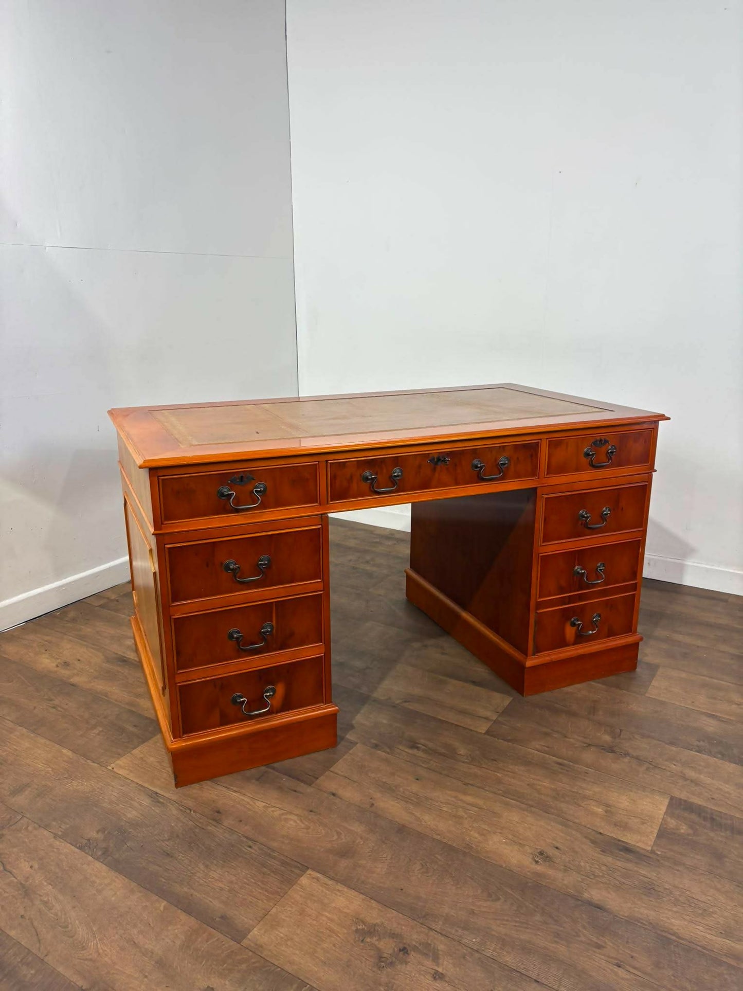 Reproduction Yew Wood Pedestal Desk with Brown Leather Inset
