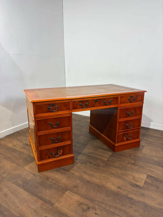 Reproduction Yew Wood Pedestal Desk with Brown Leather Inset