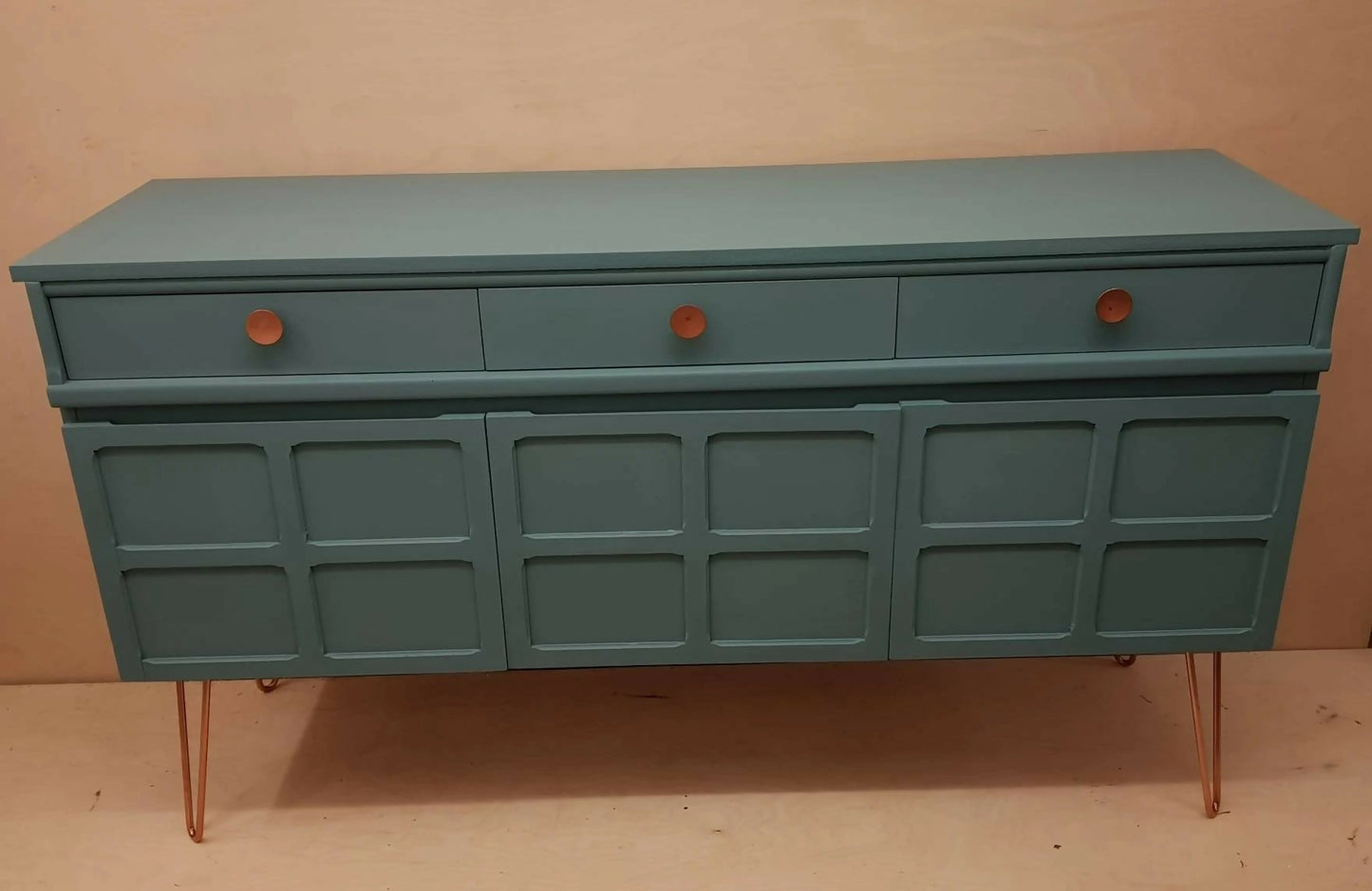 Painted Upcycled Teak Nathan Midcentury Sideboard. Grey Blue and Copper. Copper Pin Legs. Commission piece.