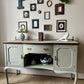 Antique Sage Green Greyish Sideboard: Bow-Fronted Cabinet with Brass Rail