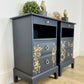 Rare refinished Stag Minstrel Tea Tray Bedside Tables in Navy Blue With Gold Floral Bird Design, Nightstands, vintage