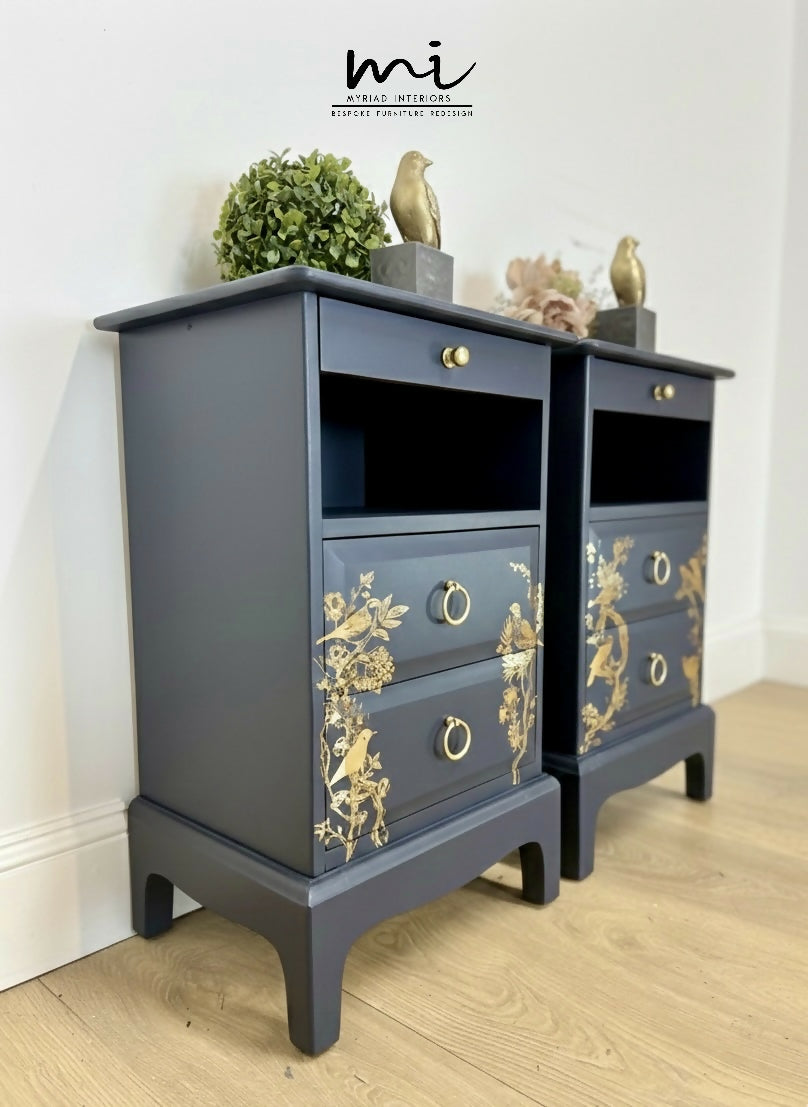 Rare refinished Stag Minstrel Tea Tray Bedside Tables in Navy Blue With Gold Floral Bird Design, Nightstands, vintage