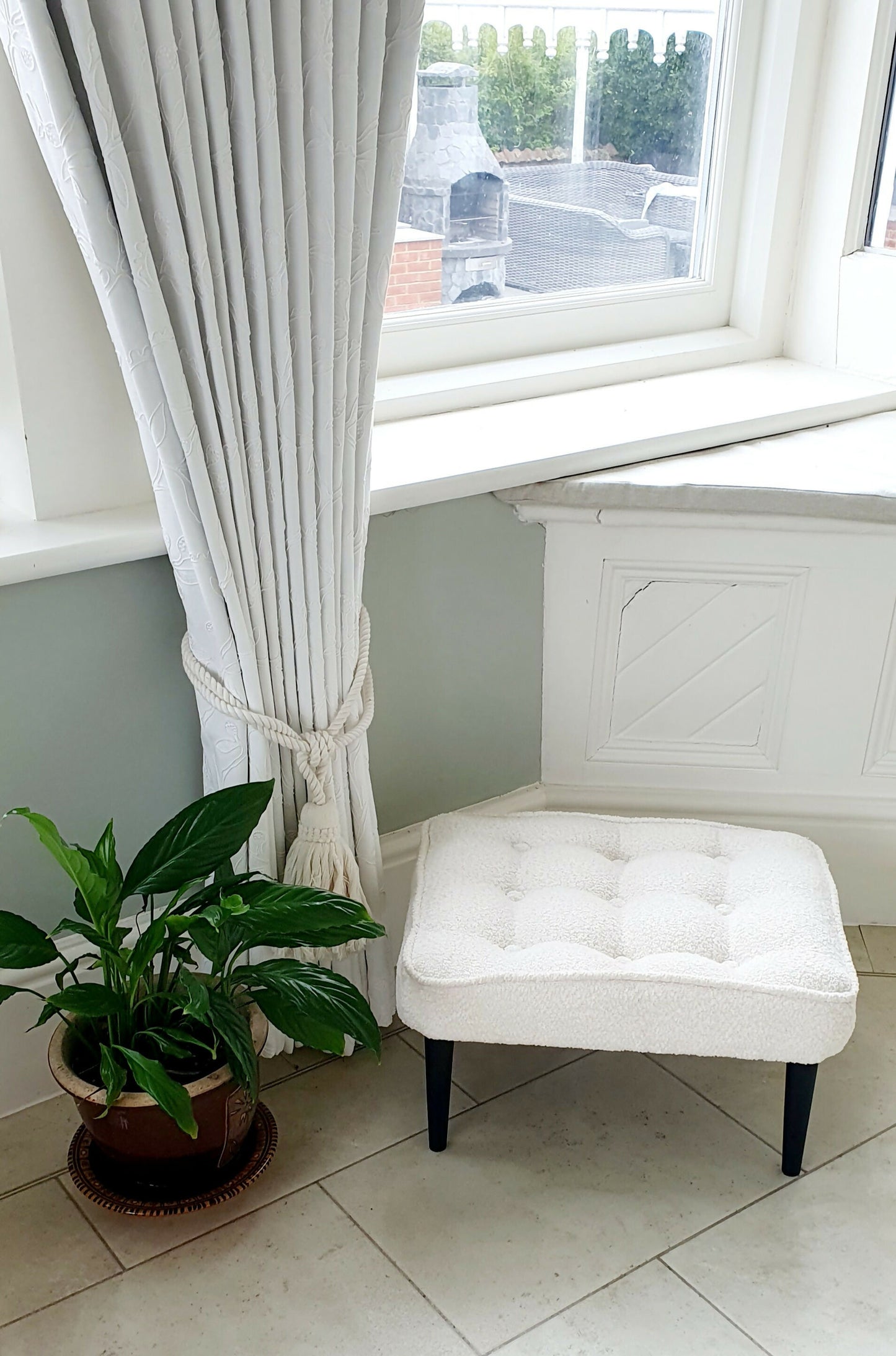Footstool. Reupholstered, Fully Restored. Mid-century in origin. Boucle