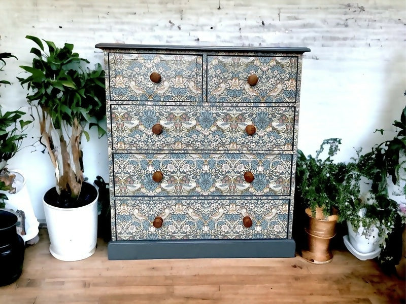 Upcycled Pine Chest Of Drawers, William Morris Print , Living Room, Dining Room, Hall , Kitchen Storage.