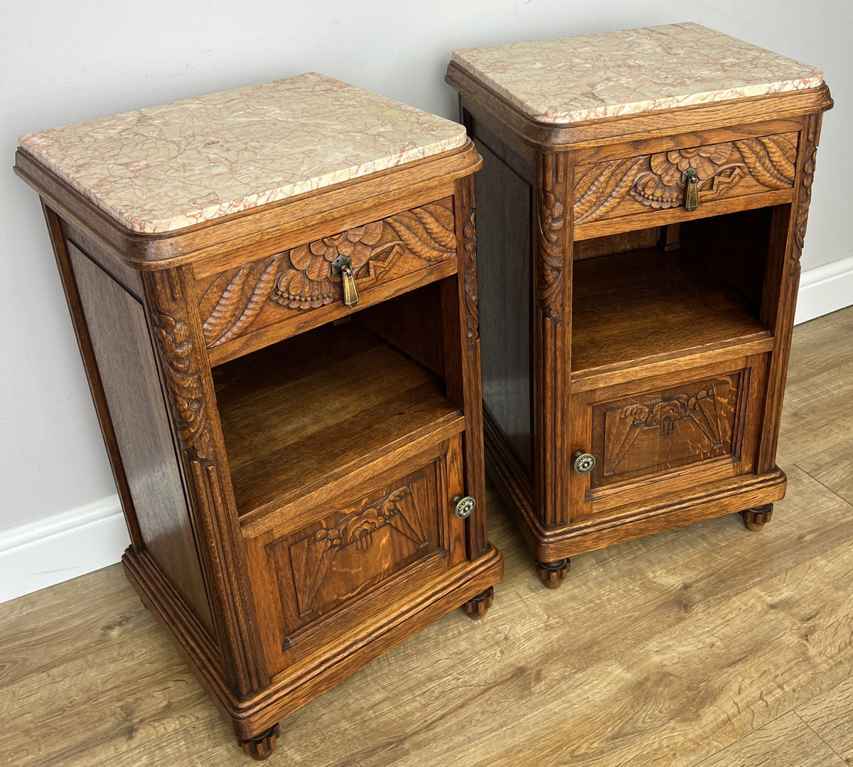 Pair of Bedside Tables Antique French Oak Carved Marble Top Cabinets LOT 6603