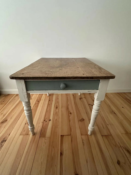 Antique Pine Farmhouse Kitchen Table Scrub Stripped Rustic Top With End Drawer