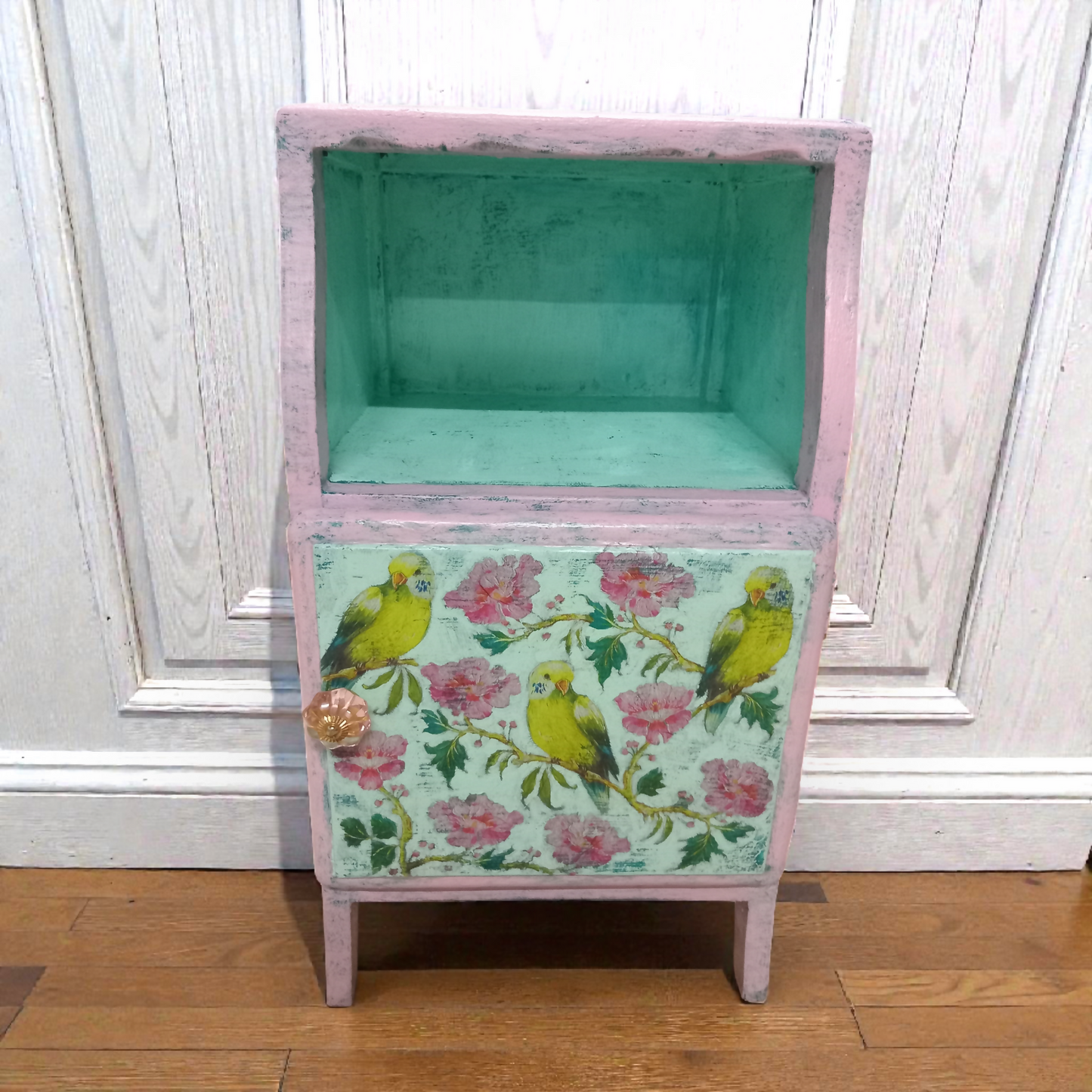 Budgies & Blossom Decoupaged Cabinet