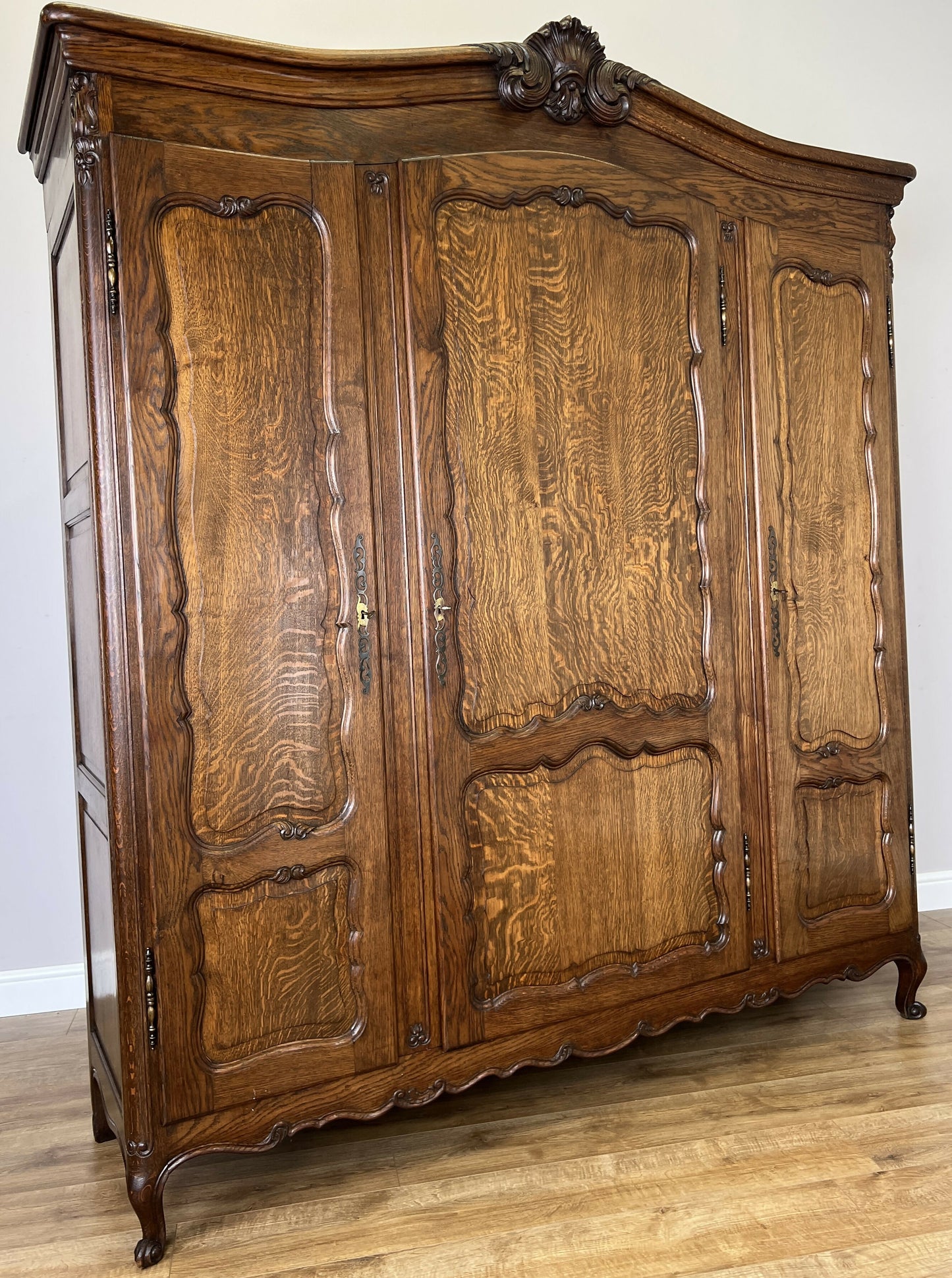 Wardrobe Antique French Louis XVI Style Oak Three Door Carved Armoire LOT 6461