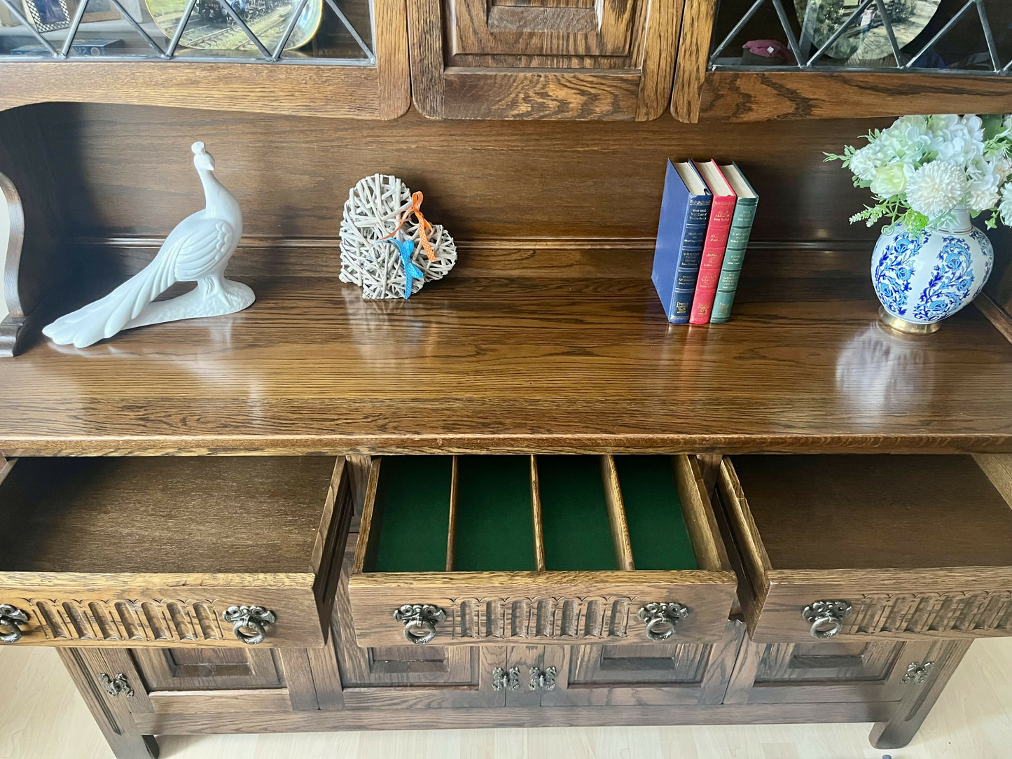 Stained Oak Dresser by Webber Furniture: Leaded Glass Display