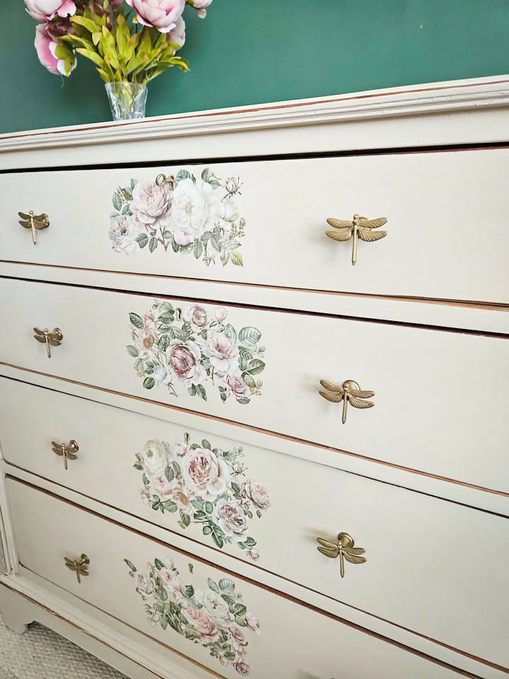 Large Upcycled wooden Chest of Drawers, with floral transfers and glass top
