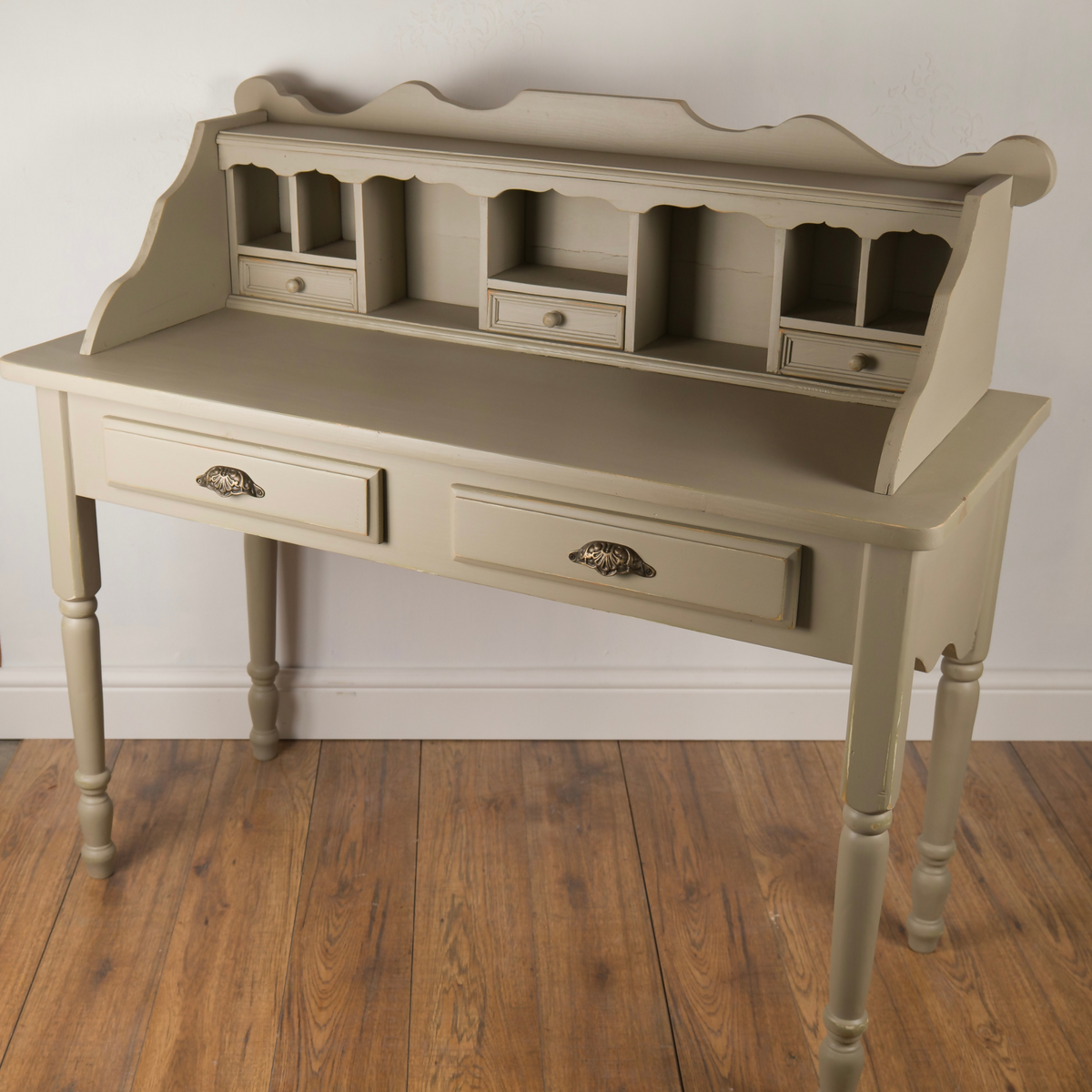 Upcycled French Country Writing Desk, Dried Sage Finish, Pigeonhole Storage