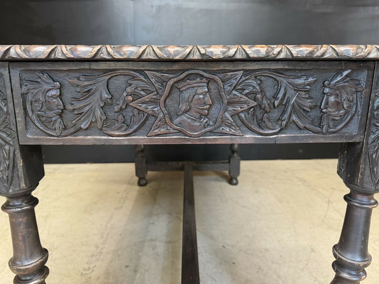 19th Century Carved Oak Table having drawers