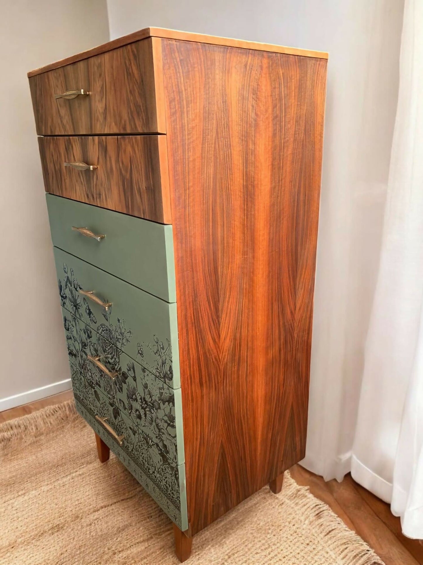 Mid Century Modern Teak Dresser: Olive Green Floral Transfer, 6-Drawer