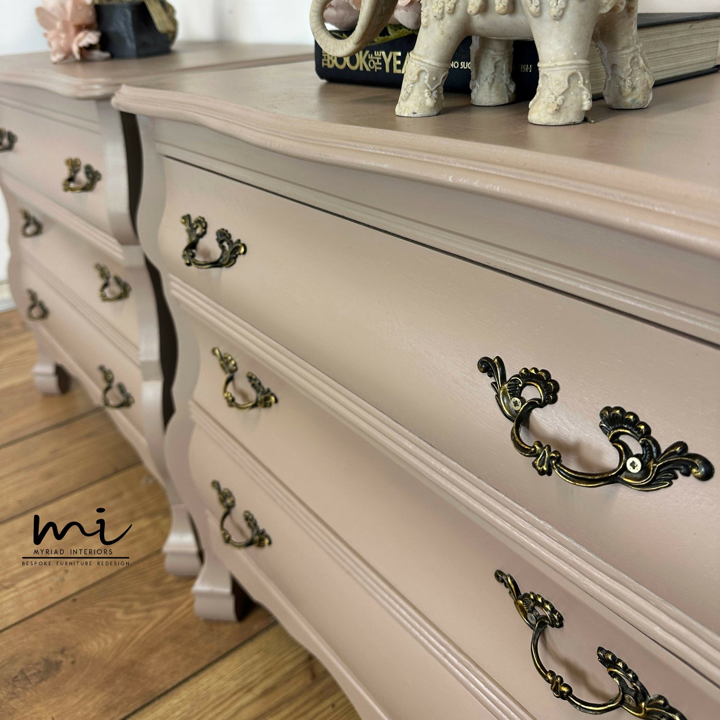 Neutral vintage Bombe Bedside tables, nude nightstands, taupe, dusky pink, chest of drawers, French, chic, oak, serpentine, curvy, beige