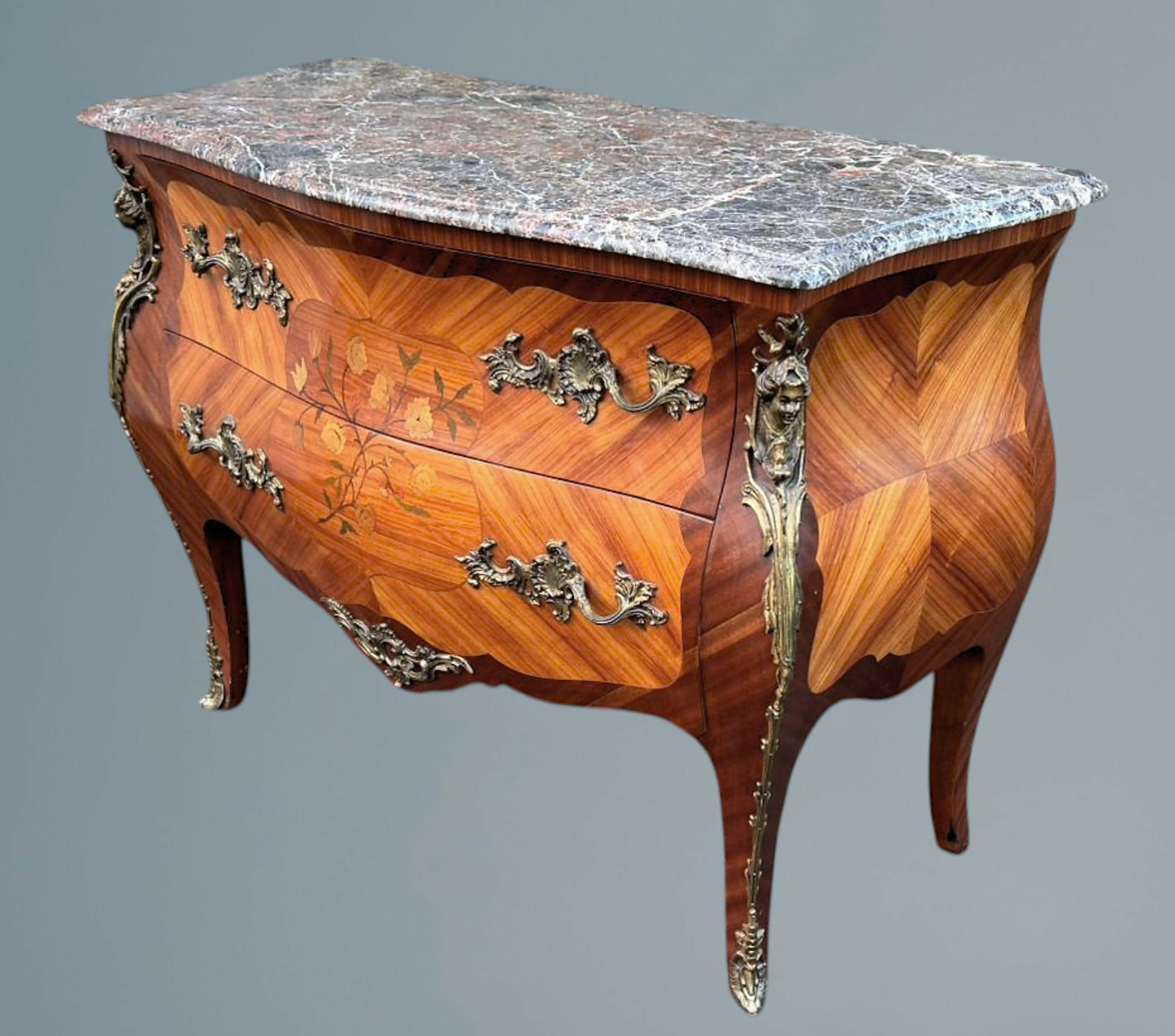 Louis XV Style French Walnut and Marquetry Inlaid Marble Top Commode