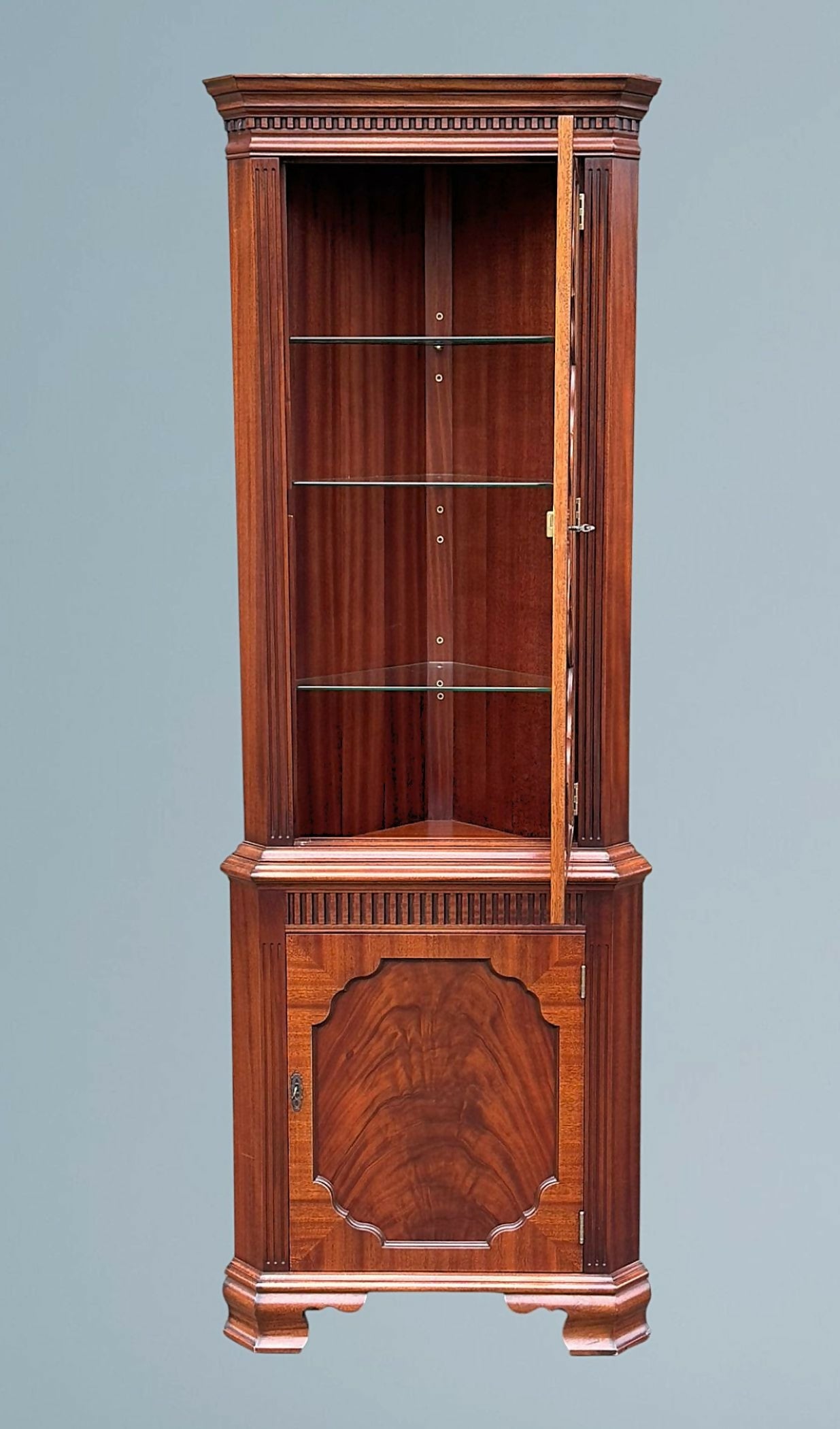Charles Barr Figured Mahogany Corner Cabinet / Corner Cupboard