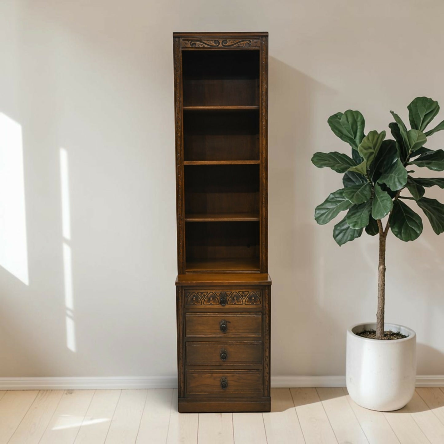 Old Charm Narrow Bookcase 4 Drawers 3 Shelves Light Oak FREE UK* Delivery