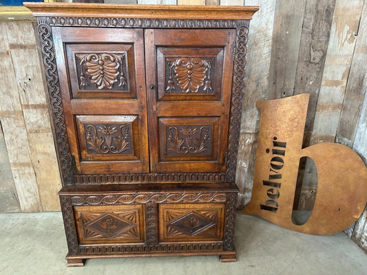 Antique Carved Welsh Oak Hall Livery Cupboard, c 1890