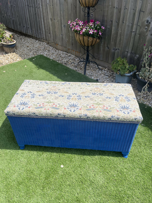 Lloyd loom 1950s storage box/ ottoman blue with William Morris style velvety feel too. Completely newly restored